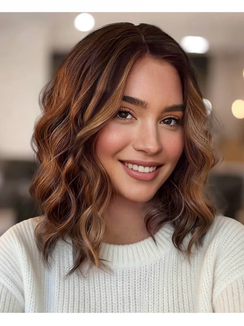 Brown with Caramel Highlights Short Wavy Wig for Women Lace Hairline Bob 14 inch